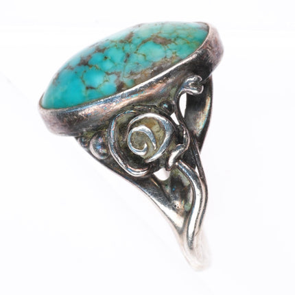 sz6 vintage art Nouveau southwestern sterling silver floral ring with turquoise