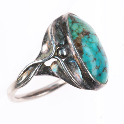 sz6 vintage art Nouveau southwestern sterling silver floral ring with turquoise