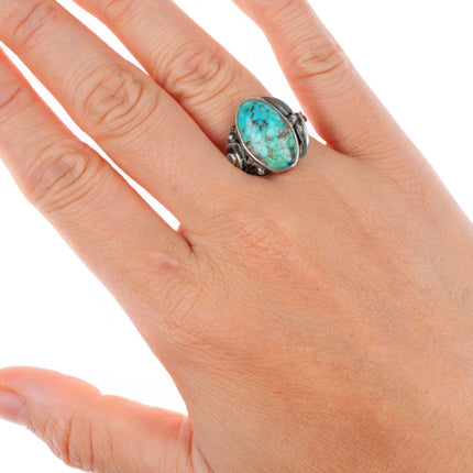 sz6 vintage art Nouveau southwestern sterling silver floral ring with turquoise