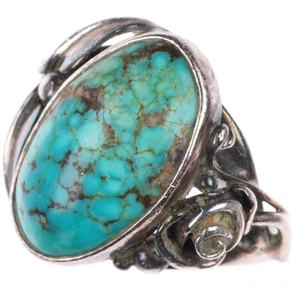 sz6 vintage art Nouveau southwestern sterling silver floral ring with turquoise