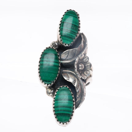 sz7.5 vintage Navajo sterling silver malachite long ring feathers/blossoms