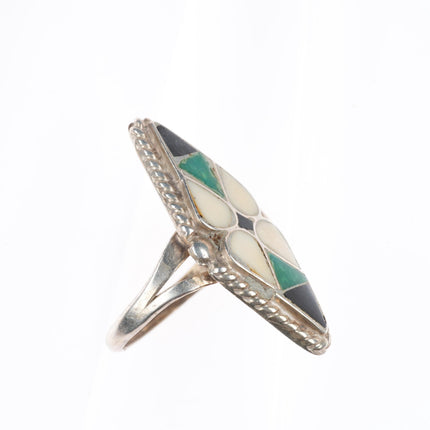 sz8.75 vintage Zuni sterling silver, turquoise, jet, shell inlay ring