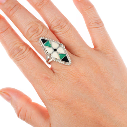 sz8.75 vintage Zuni sterling silver, turquoise, jet, shell inlay ring