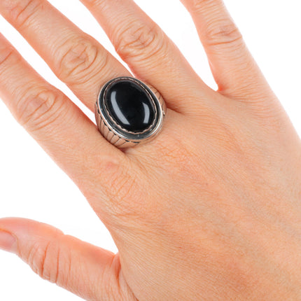 sz12 vintage Navajo sterling silver onyx feather sides size 12 men's ring