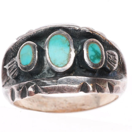 sz7 vintage Navajo sterling silver flush inlay turquoise row ring