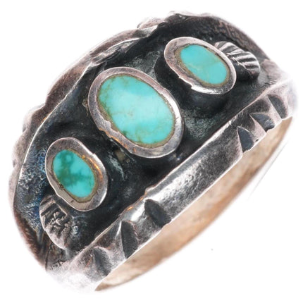 sz7 vintage Navajo sterling silver flush inlay turquoise row ring