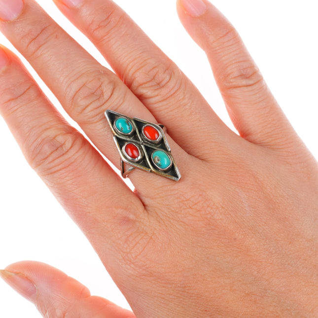 sz7 vintage Navajo sterling silver coral and nice turquoise 4 stone ring