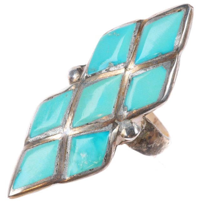 sz7 vintage Zuni sterling silver diamond inlay carved turquoise ring