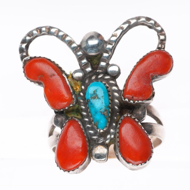 sz8 vintage Zuni sterling silver turquoise and coral butterfly ring