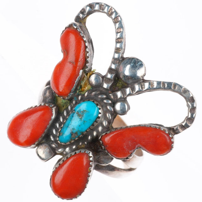 sz8 vintage Zuni sterling silver turquoise and coral butterfly ring