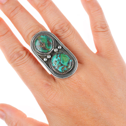 sz10 vintage Navajo sterling silver large 2 stone ring with nice turquoise