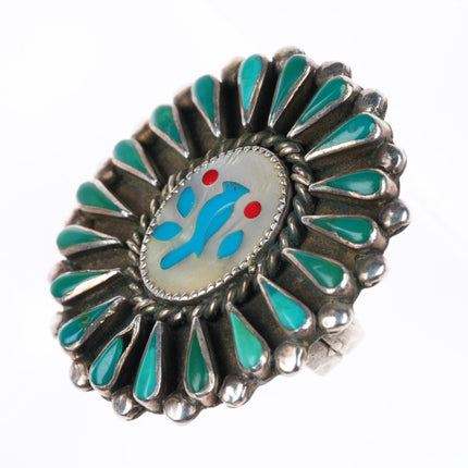 sz8 large vintage Zuni sterling silver turquoise cluster border bluebird ring