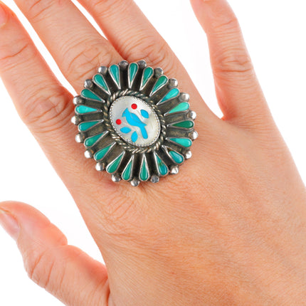 sz8 large vintage Zuni sterling silver turquoise cluster border bluebird ring