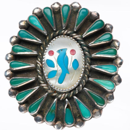 sz8 large vintage Zuni sterling silver turquoise cluster border bluebird ring