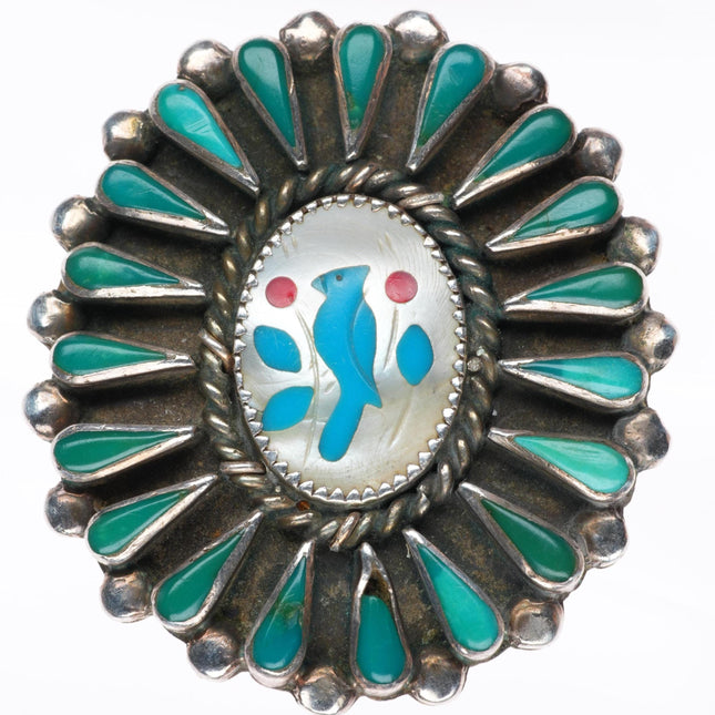 sz8 large vintage Zuni sterling silver turquoise cluster border bluebird ring
