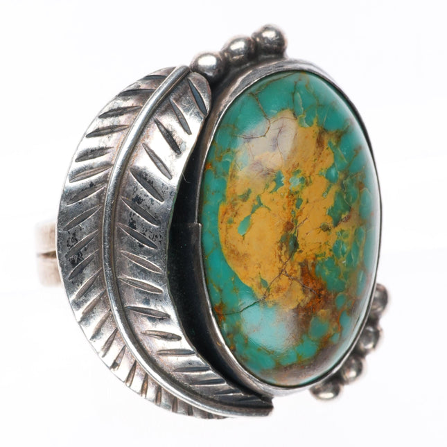 sz7.5 vintage Navajo sterling silver green turquoise feather applied ring