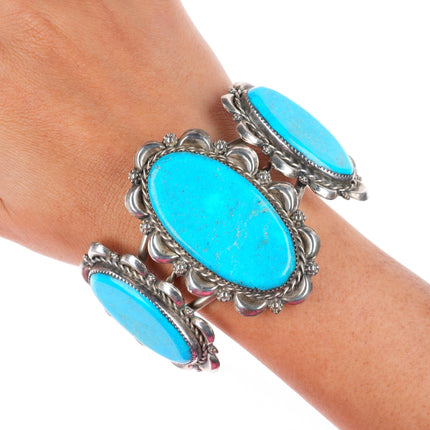 7" Nelson Lee Navajo sterling silver repousse large turquoise cuff bracelet