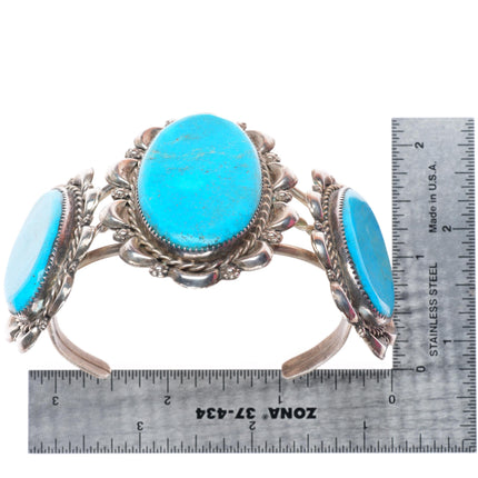 7" Nelson Lee Navajo sterling silver repousse large turquoise cuff bracelet