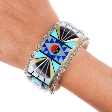 7.5" vintage Esalio Zuni heavy stone/shell inlaid sterling silver cuff bracelet
