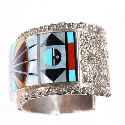 7.5" vintage Esalio Zuni heavy stone/shell inlaid sterling silver cuff bracelet