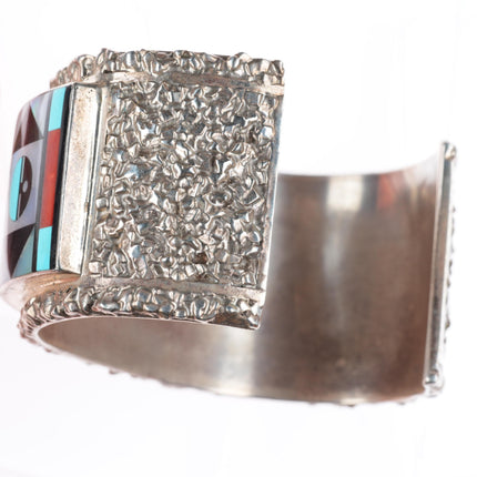 7.5" vintage Esalio Zuni heavy stone/shell inlaid sterling silver cuff bracelet