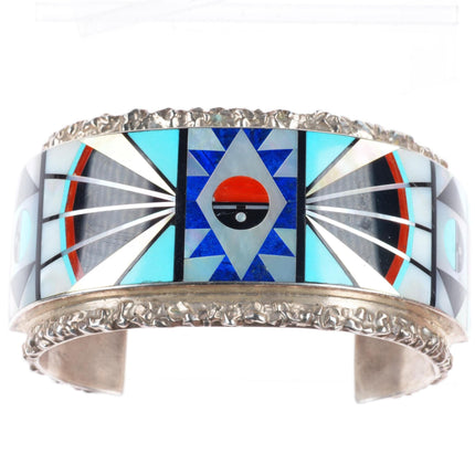 7.5" vintage Esalio Zuni heavy stone/shell inlaid sterling silver cuff bracelet
