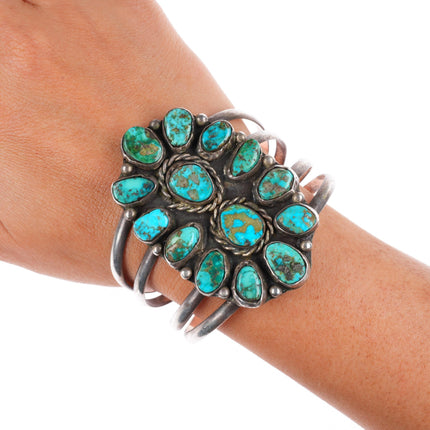6.5" vintage Navajo sterling silver cluster cuff bracelet with nice turquoise