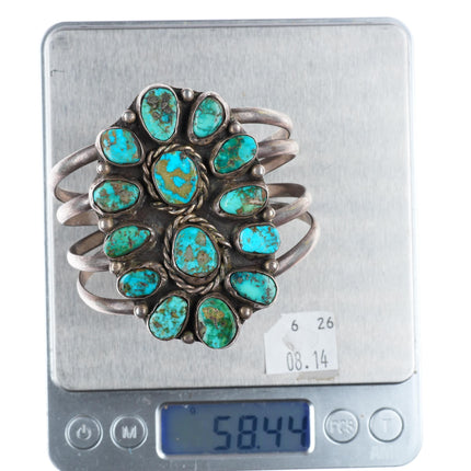 6.5" vintage Navajo sterling silver cluster cuff bracelet with nice turquoise