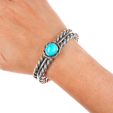 6.4" Vintage Native American sterling silver woven wire cuff bracelet turquoise