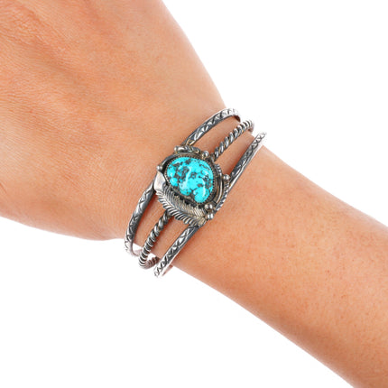 6" vintage Navajo sterling silver stamped shank turquoise cuff bracelet