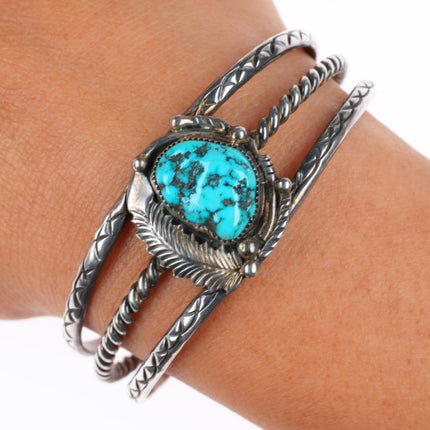 6" vintage Navajo sterling silver stamped shank turquoise cuff bracelet