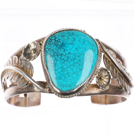 7" vintage Navajo sterling silver webbed turquoise feather/blossom cuff bracelet