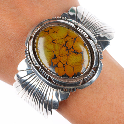 6.6" Heavy vintage Navajo sterling silver webbed turquoise cuff bracelet