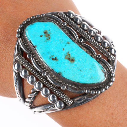 6.25" Vintage Navajo sterling silver stamped sides cuff bracelet with turquoise