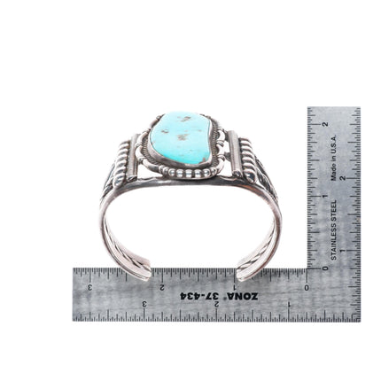 6.25" Vintage Navajo sterling silver stamped sides cuff bracelet with turquoise