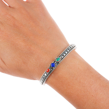 6" Elgin Tom Navajo sterling silver Coral, Lapis, Malachite slim cuff bracelet
