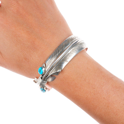6.6" Robert Vandover Navajo sterling silver and turquoise feather cuff bracelet