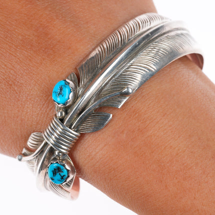 6.6" Robert Vandover Navajo sterling silver and turquoise feather cuff bracelet
