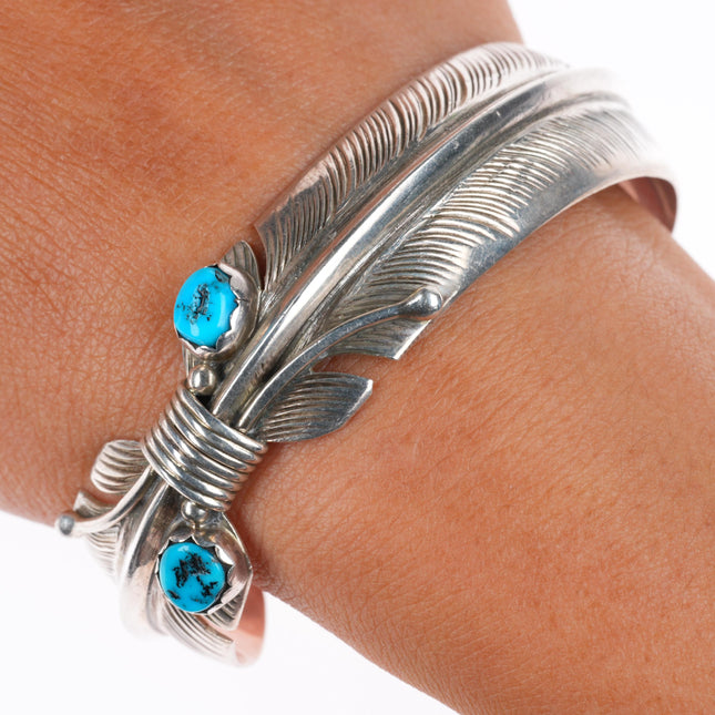6.6" Robert Vandover Navajo sterling silver and turquoise feather cuff bracelet