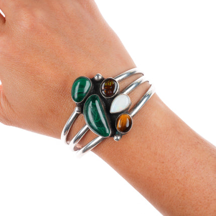 6.4" vintage DG southwestern sterling silver Fire Agate-Opal-Lapis cuff bracelet