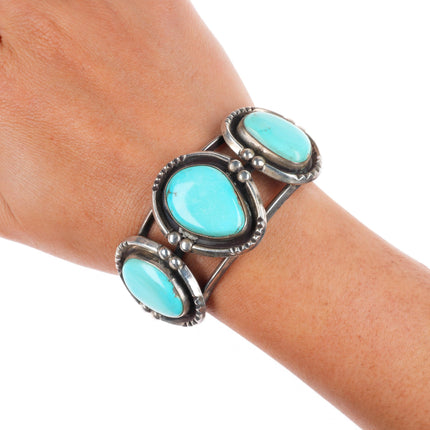 6.25" vintage Navajo sterling silver 3 stone turquoise sturdy cuff bracelet