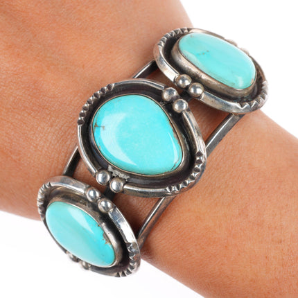 6.25" vintage Navajo sterling silver 3 stone turquoise sturdy cuff bracelet