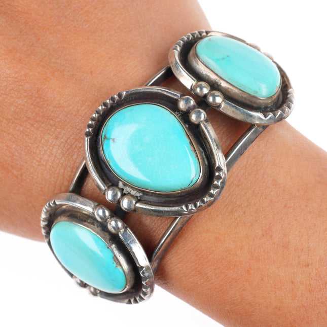 6.25" vintage Navajo sterling silver 3 stone turquoise sturdy cuff bracelet