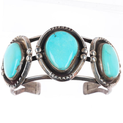 6.25" vintage Navajo sterling silver 3 stone turquoise sturdy cuff bracelet