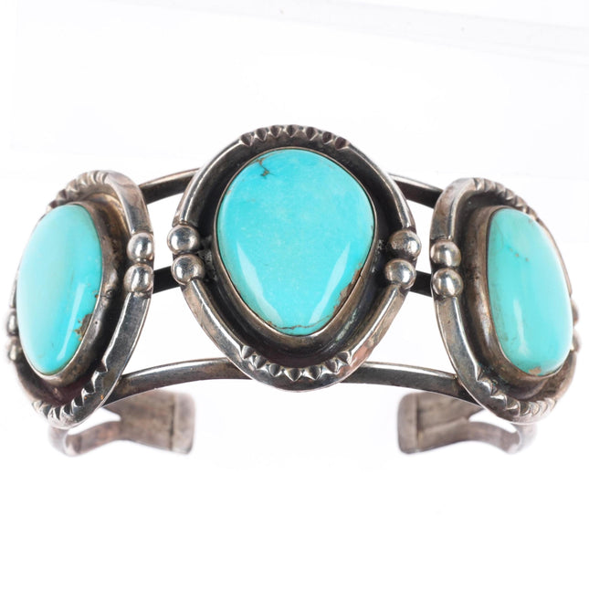 6.25" vintage Navajo sterling silver 3 stone turquoise sturdy cuff bracelet