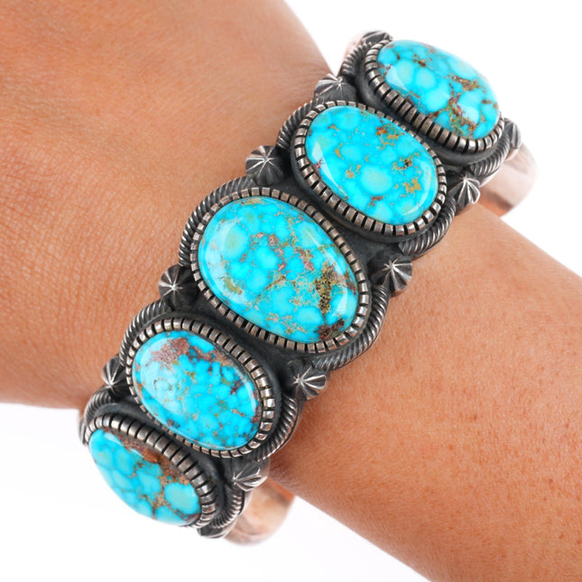 7.1" Kirk Smith Navajo deep stamped sterling silver turquoise cuff bracelet