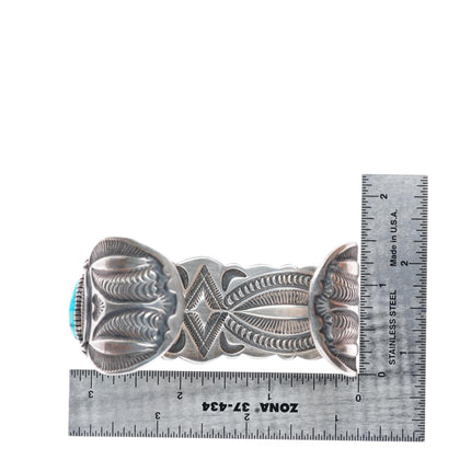 7.1" Kirk Smith Navajo deep stamped sterling silver turquoise cuff bracelet