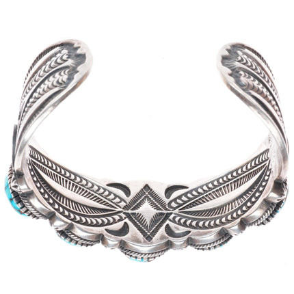 7.1" Kirk Smith Navajo deep stamped sterling silver turquoise cuff bracelet