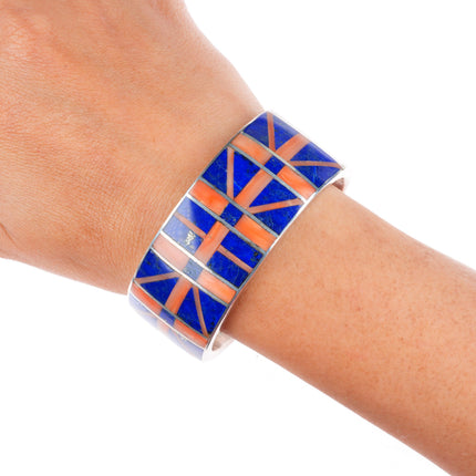 6.5" Mary Morgan Navajo sterling silver coral and lapis inlay cuff bracelet