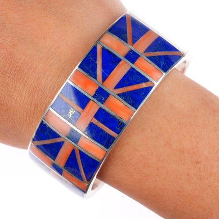 6.5" Mary Morgan Navajo sterling silver coral and lapis inlay cuff bracelet